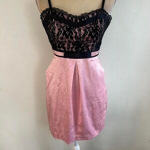 y2k pink sati mini dress with black lace trim prom